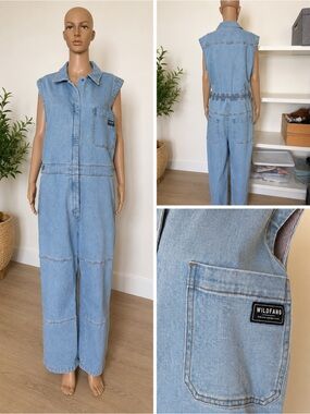 Wildfang Sleeveless Denim Boiler Suit Jumpsuit 1X Adjustable Waist